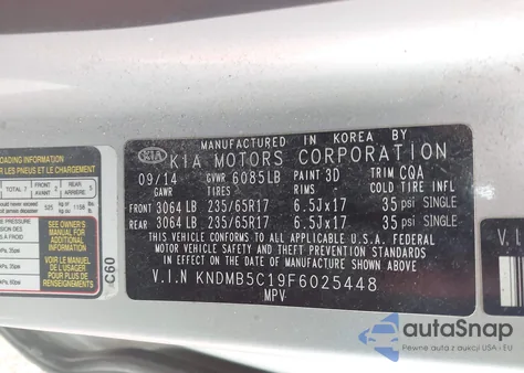 2015 Kia Sedona Lx z USA, uszkodzony, nr VIN KNDMB5C19F6025448